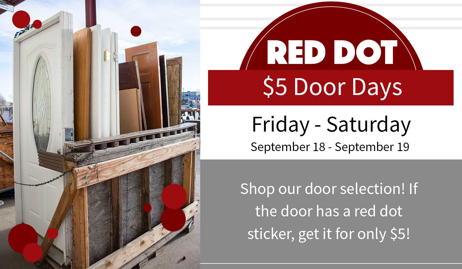 Red Dot $5 Dollar Door Days Graphic - Description of sale in text.