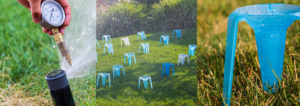 A collage of three images: sprinkler head with a pressure gauge, blue catch cups under sprinkler water, a close-up of a blue catch up covered in water droplets.