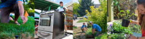 Join our team! Resource Central staff planting a flag, moving a stove, removing turf, and planting.