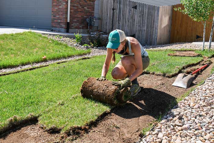 Resource Central Lawn Replacement team member rolling cut turf