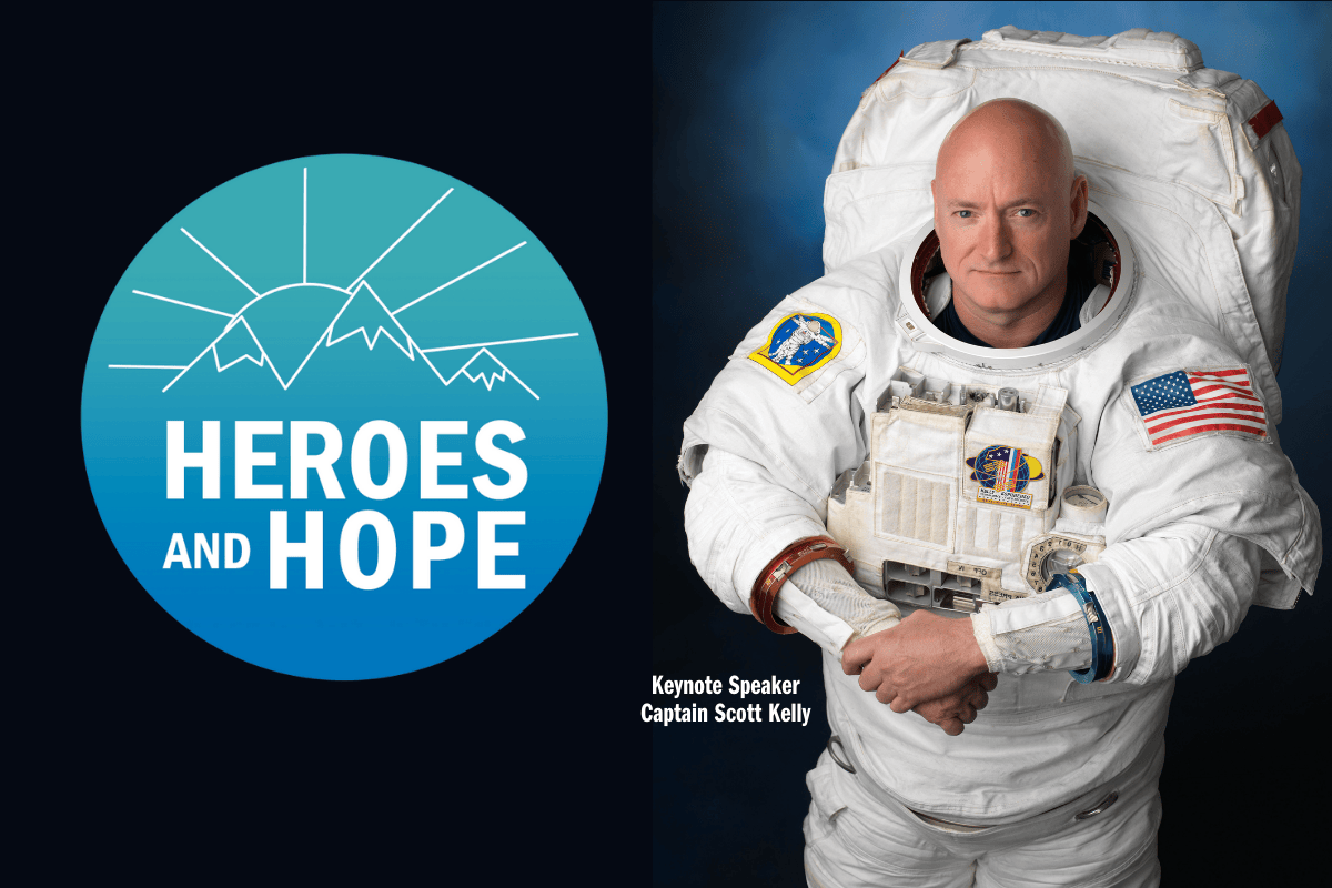 A blue Conservation Heroes & Hope logo next to a photograph of Captain Scott Kelly in his astronaut uniform.