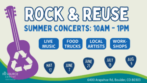 A graphic advertising Resource Central's 2025 summer concert series, with the words Rock & Reuse, a graphic of a guitar, and the dates of the event.