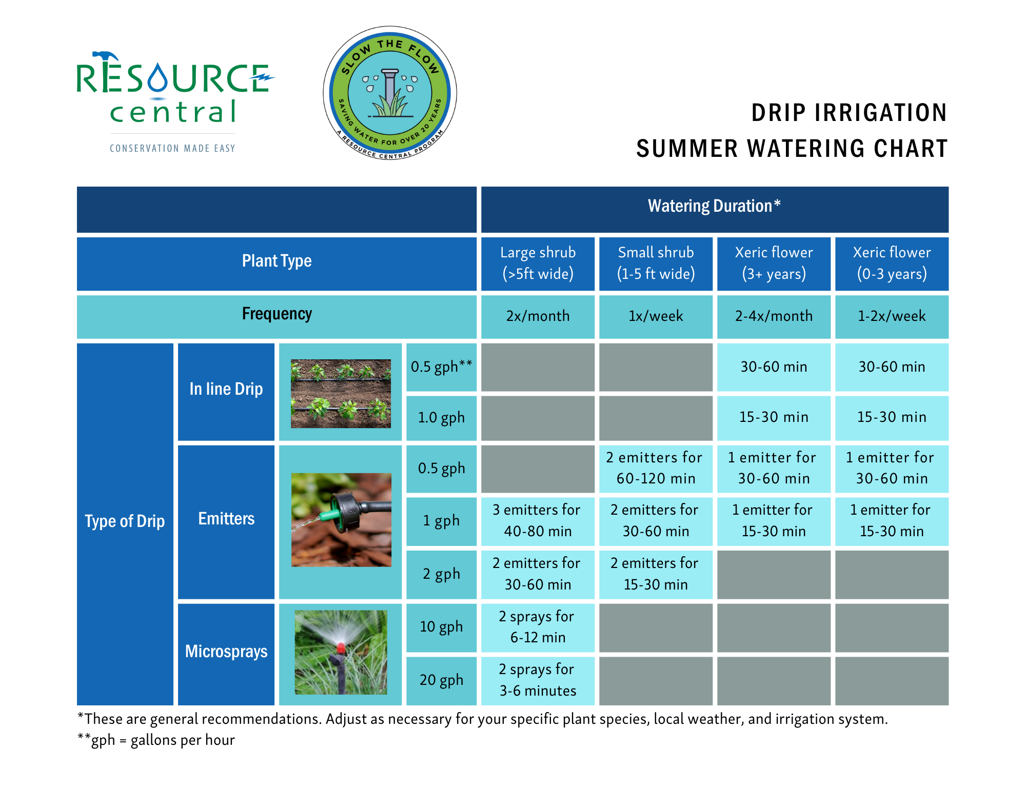 Drip Irrigation Summer Watering Chart that includes recommendations on watering duration, frequency, and type of drip for various plants.
