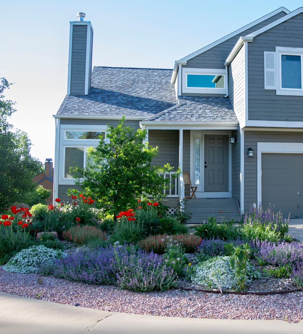 colorful garden in front of a grey house