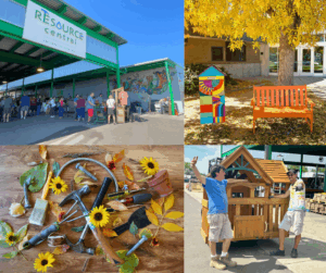 A collage of Resource Central's green awning with shopper at the Materials Reuse facility, an orange bench below a tree with yellow leaves, two Resource Central team members pointing at the camera while standing next to a play house, and a cluster of fall leaves, sunflower, and garden tools on a wooden table.