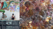 Two photos of glass-blowers and a class chandelier covered in hundreds of glass bubbles.