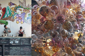Two photos of glass-blowers and a class chandelier covered in hundreds of glass bubbles.
