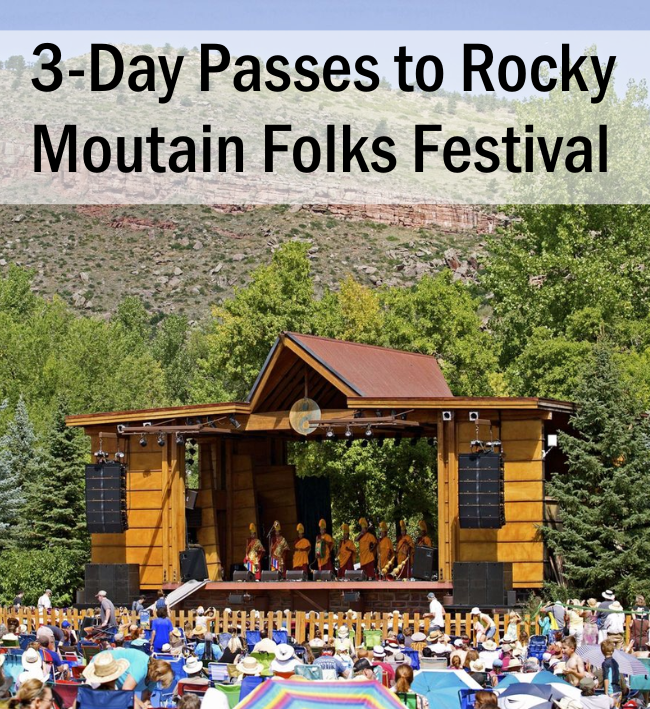 A photo of a stage with festival goers in the foreground and the text 3-day passes to Rocky Mountain Folks Festival