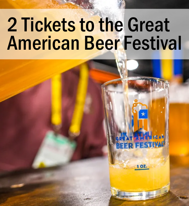 Photo of a pitcher of beer being poured into a glass with a Great American Beer Festival logo with the text "2 Tickets to the Great American Beer Festival"