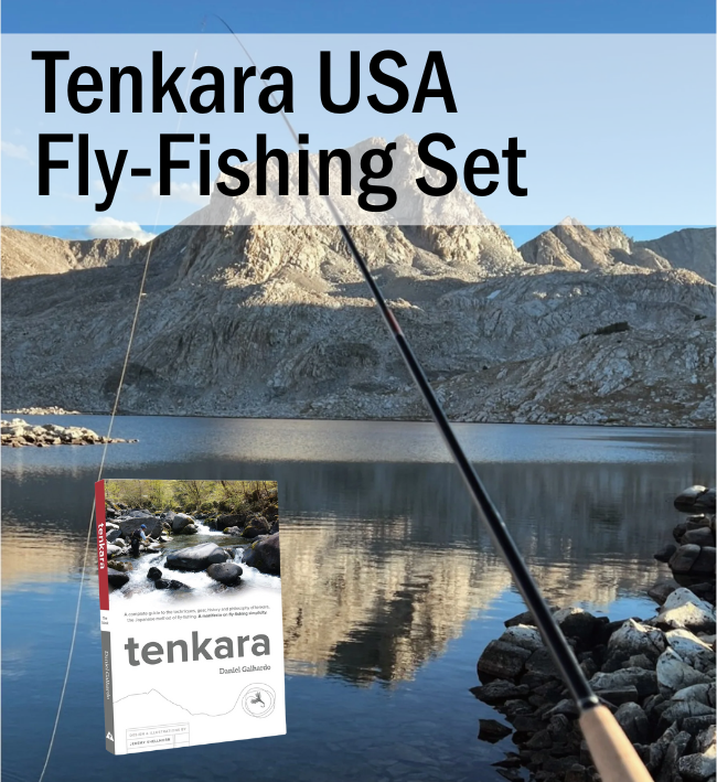 Silent Auction: Photo of a lake and mountain with fishing rod and book in the foreground with the text "Tenkara USA Fly-Fishing Set"