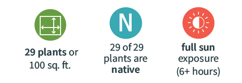 Green and white icon displaying garden bed dimensions with the text "29 plants or 100 sq ft" underneath, Grey and white Letter N icon with the text "29 of 29 plants are native" underneath, Yellow and white sun icon with the words "full sun exposure (6 plus hours of sun)" underneath
