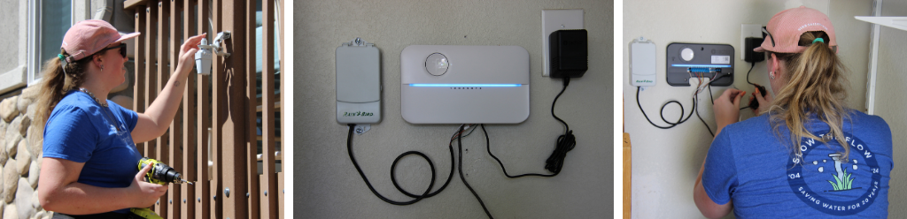 Slow the Flow technician installing a rain sensor on a deck and smart irrigation controller on a garage wall as well as a fully installed smart controller and rain sensor.
