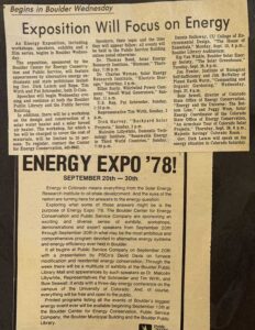 Yellowed newspaper clippings with the title "Exposition Will Focus on Energy" and "Energy Expo '78!"