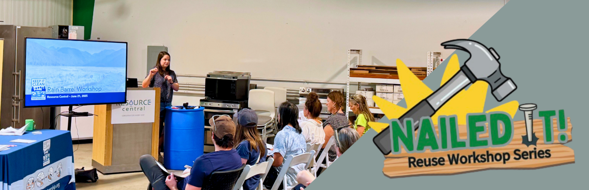 A photo of a workshop with the Nailed It! logo