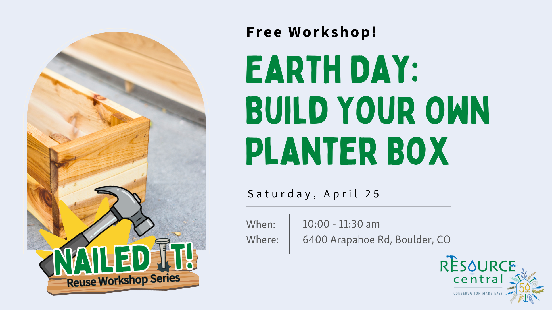 A graphic for a free Earth Day workshop at Resource Central
