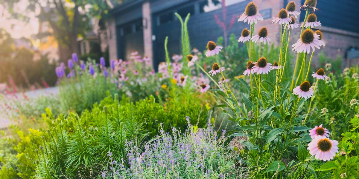Pink flowers and tall grass in a garden.