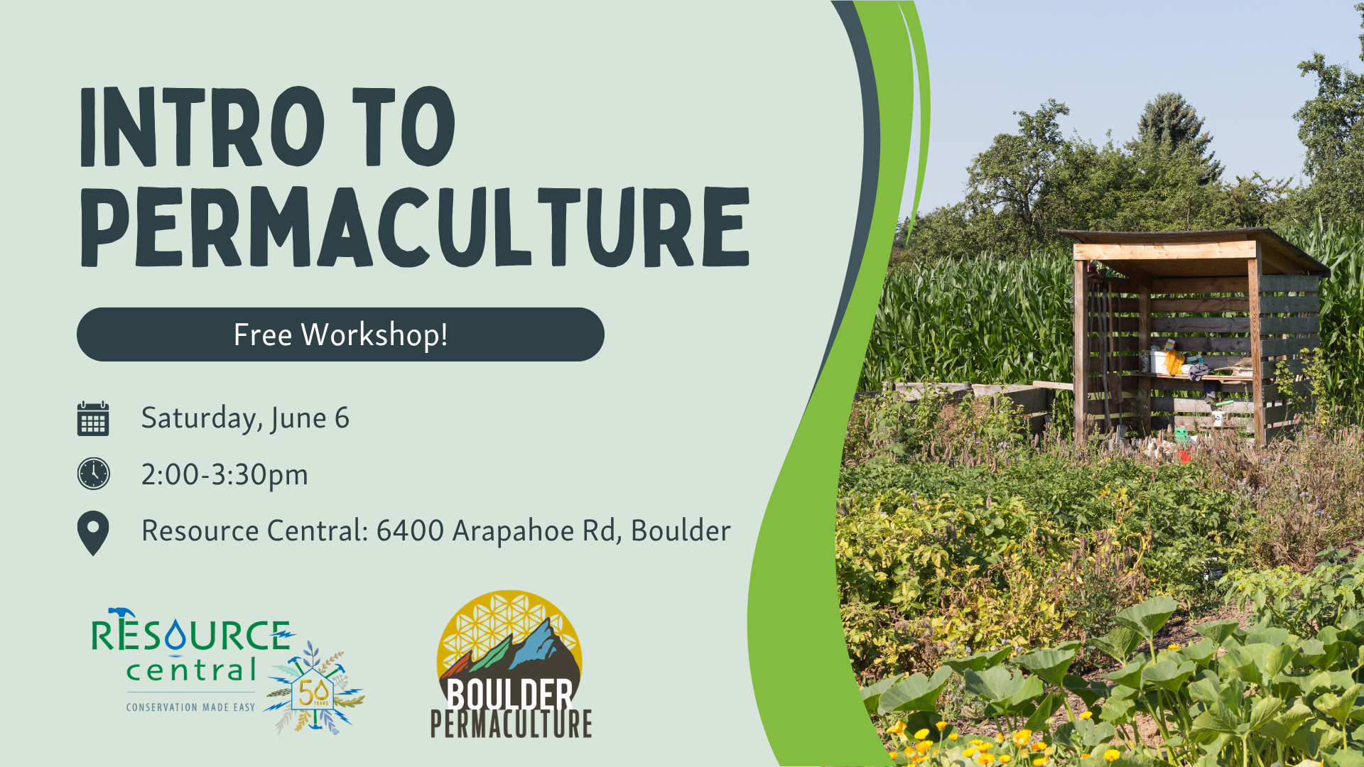 A graphic for Resource Central's free Intro to Permaculture workshop.