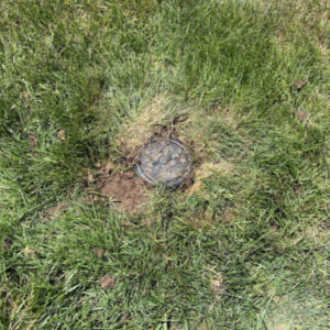 A sprinkler head covered in dirt.