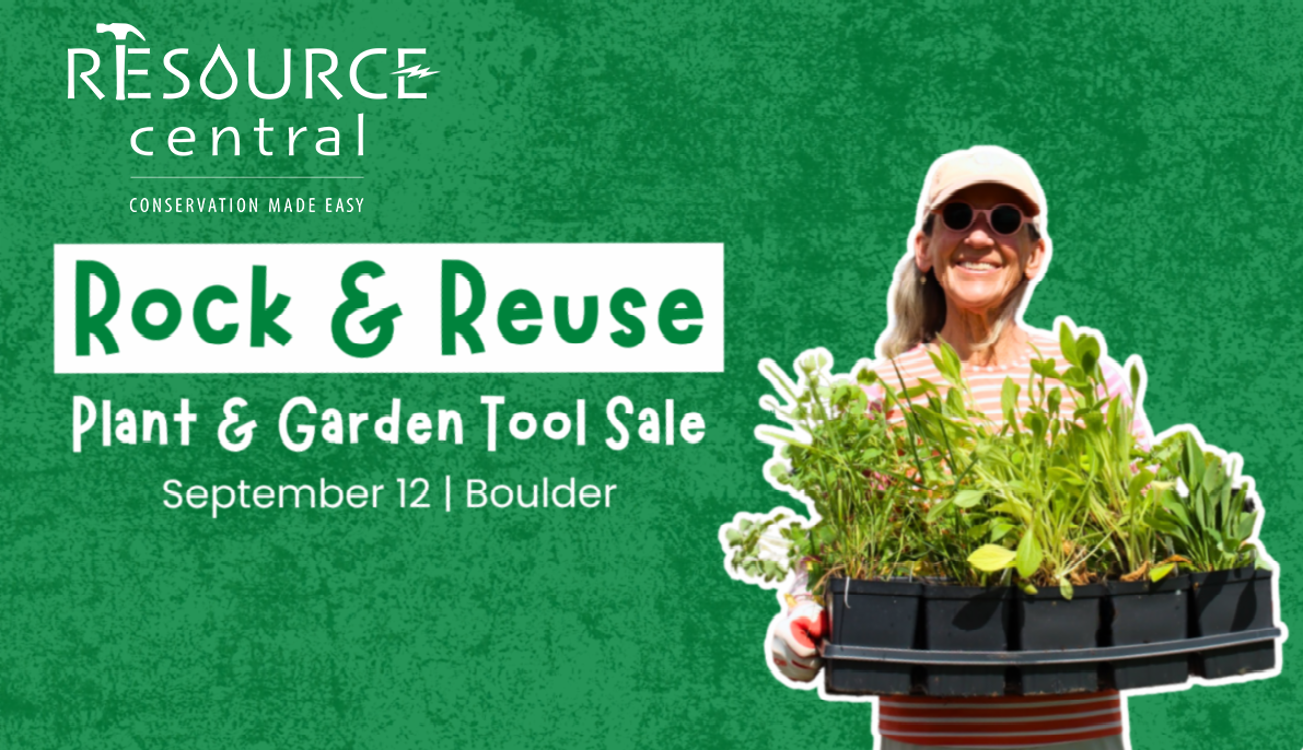 Resource Central logo with headline "Rock & Reuse" and a person smiling and holding a black tray of green Garden In A Box plants