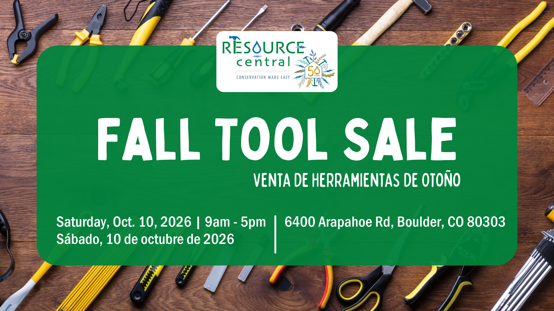 Fall Tool Sale graphic with words and images of tools and leaves