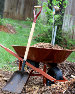 mulch in wheelbarrow with a shovel in a yard