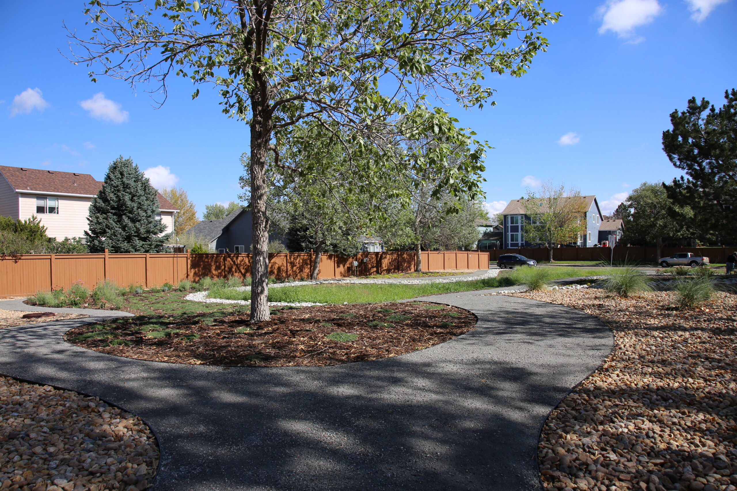 a view of a newly installed landscape in a community's common area