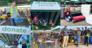 Collage of Resource Central staff showcasing reusable tools, appliances, furniture, and building materials at the Materials Reuse Store in Boulder, Colorado, highlighting how donating and shopping for secondhand materials reduces landfill waste, conserves natural resources, and supports affordable home improvement.