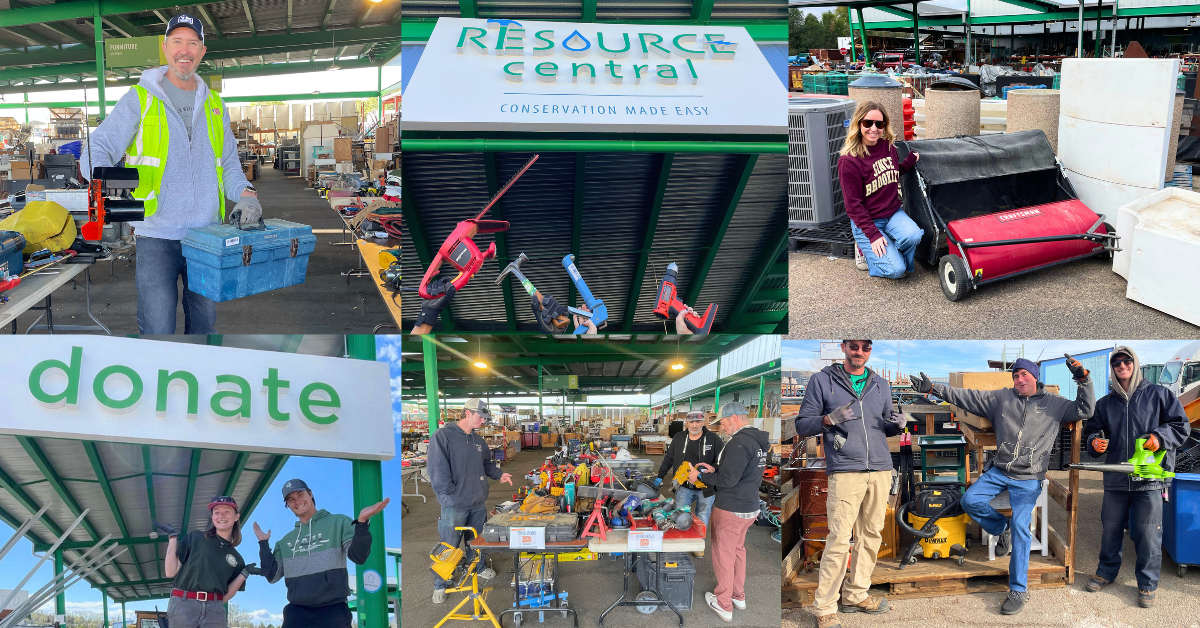 Collage of Resource Central staff showcasing reusable tools, appliances, furniture, and building materials at the Materials Reuse Store in Boulder, Colorado, highlighting how donating and shopping for secondhand materials reduces landfill waste, conserves natural resources, and supports affordable home improvement.